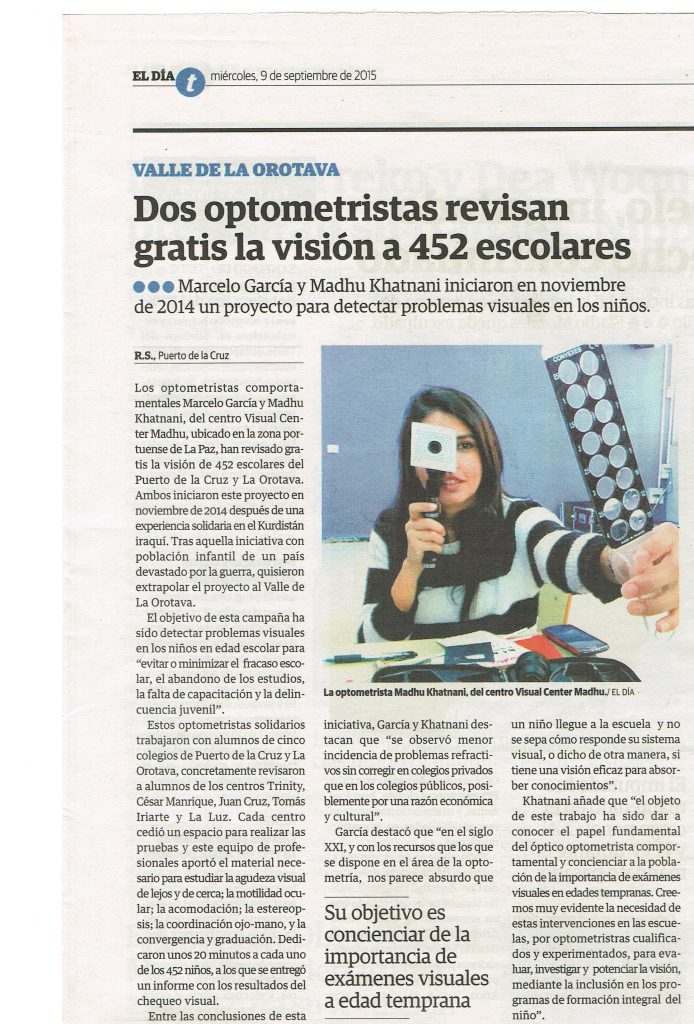Recorte de prensa: EL DÍA — Dos optometristas revisan gratis la visión a 452 escolares (2015)