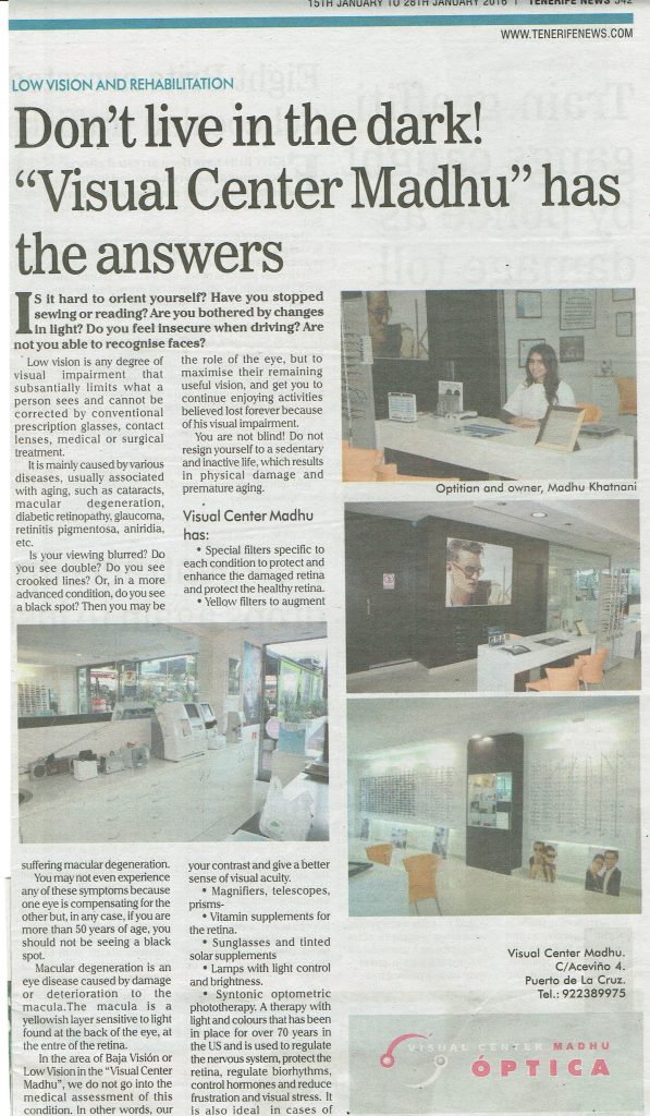 Recorte de prensa: Tenerife News — Don't live in the dark! Visual Center Madhu has the answers